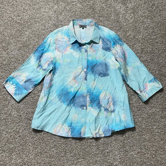 Shana Size Medium Fairy Tale Trees Button Up Aqua Blue Long Sleeve Coastal Shirt - Picture 2 of 14